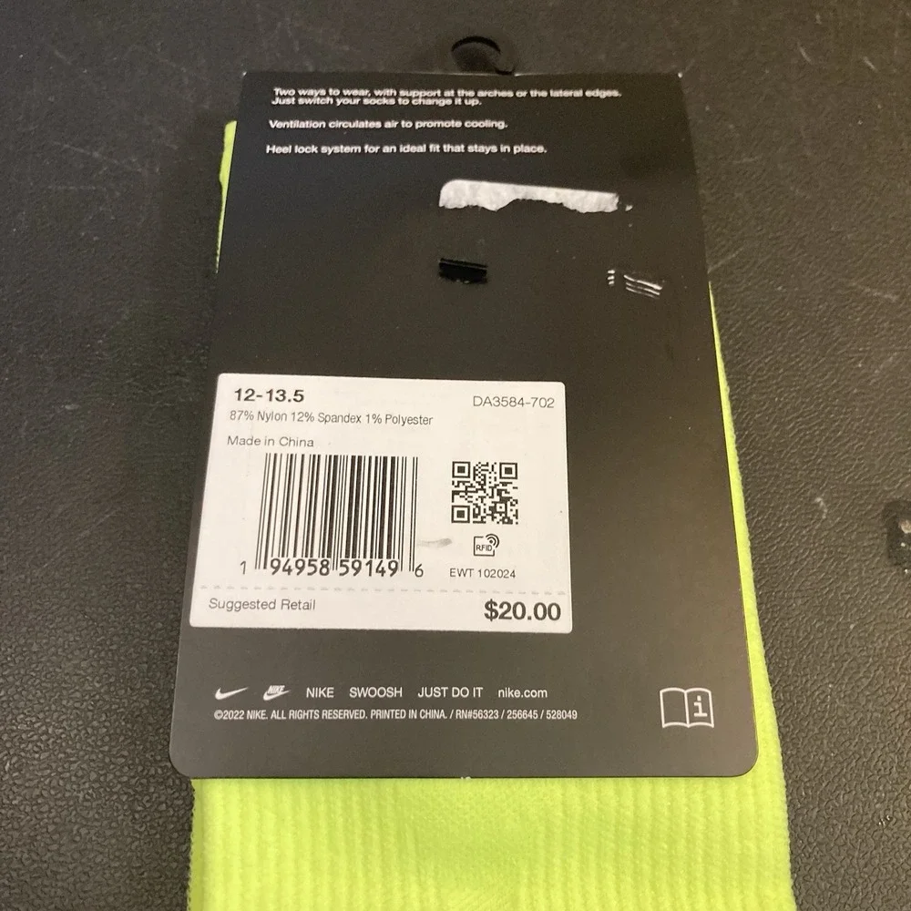 Nike Spark Running Lightweight DRI-FIT Crew Socks Volt/Neon Sz 12-13.5 Men 1pair